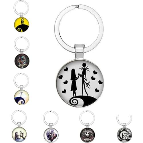 Cristmas Dream Night Jack And Sally Keychain Glass Cabochon Image Dome Keychain Holder Alloy Metal Jewelry Gift