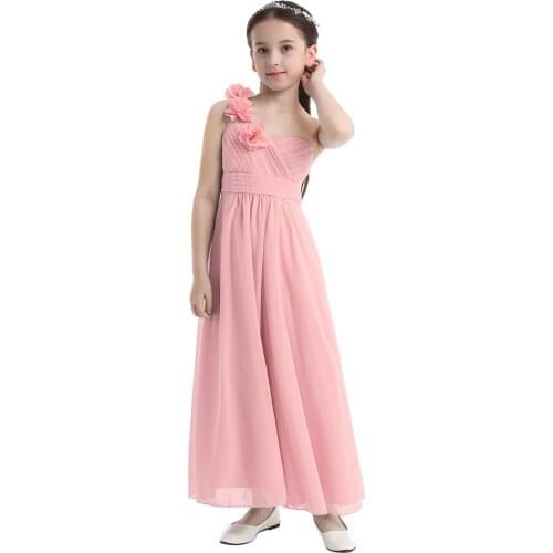 Kids Girls Chiffon Dresses One-shoulder Back Zipper Flower Girl Dress Princess Pageant Wedding Bridesmaid Birthday Party Dress