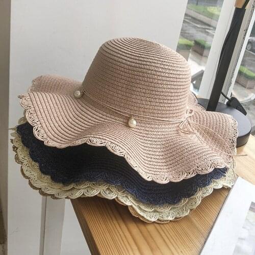 Hat female summer small fresh wave big along straw hat wild pearl leisure sunscreen beach sun tide