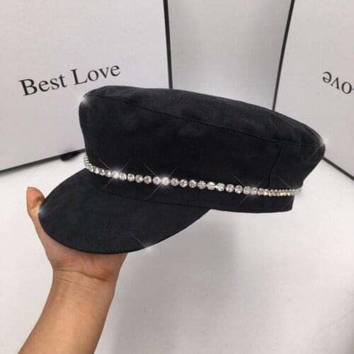 Womens hats The new Europe and the military hats suede navy hat diamond black female British tide womens cap