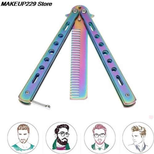 1pc Foldable Comb Stainless Steel Practice Training Butterfly Knife Comb Beard & Moustache Brushes Hairdressing Styling Tool