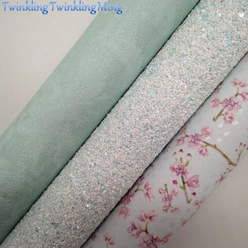 Light Blue Glitter Fabric, Flowers printed Faux Fabric, Synthetic Leather Fabric Sheets For Bow A4 21x29CM Twinkling Ming XM938