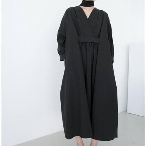 Loose Solid Dress VONDA 2021 Autumn Sexy V Neck Long Sleeve Pleated Long Maxi Dresses Bohemian Party Vestidos S