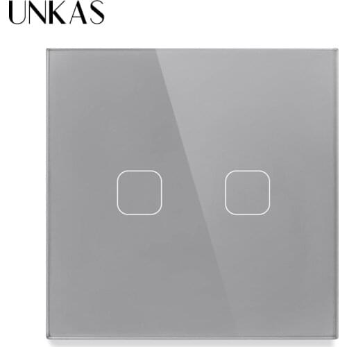 UNKAS AC220V 2 Gang 1 Way Light Wall Touch Screen Switch EU Standard 4 Color Tempered Crystal Glass Panel
