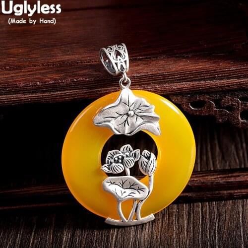 Uglyless Vintage Thai Silver Lotus Ethnic Pendants for Women Chalcedony Buttons Necklaces NO Chains 925 Silver Lotus Flower Leaf