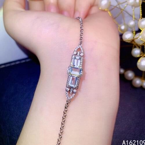 Fine Jewelry 925 Sterling Silver Inset With Natural Gemstones Womens Luxury Classic Aquamarine Hand Catenary Bracelet Support D