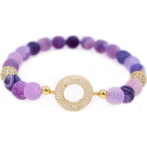 Trendy Summer New Gold Color CZ Round Crystal Jewelry Charm Bracelet for Women 8mm Purple Weathering Stone Bracelets & Bangles