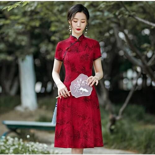 Vintage Floral Print Red Beige Black Short Sleeve Diagonal Round Neck Knee-Length A-Line Plus Size Women Coctail Dress 9397
