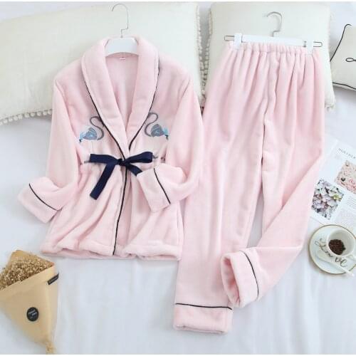 2020 Winter Warm Flannel Women Pyjamas Sets Thick Coral Pijamas Women fleece pajama thick flannel Long Pajamas Set for Girl 2PC