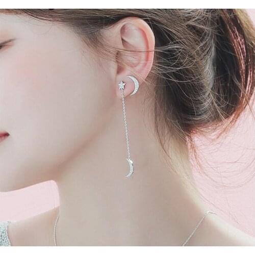 100% 925 Sterling Silver Asymmetric Moon Star Dazzling CZ Chain Stud Earrings For Women Silver 925 Jewelry Gift DT48