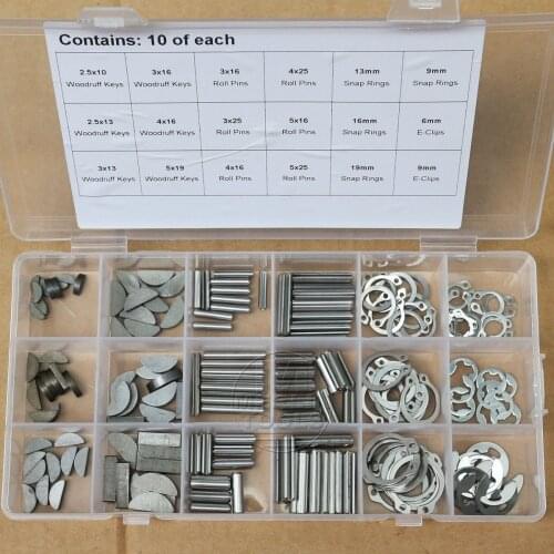 18 kinds Woodruff Keys Stainless Steel Snap Ring Roll Pin E-Clip Assortment Kit