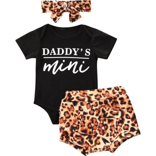 2020 New Baby Girl Clothes Summer Leopard Sets 3Pcs Newborn Baby Girl Letter Black Bodysuit Shorts Headband for Baby Girl 0-18M