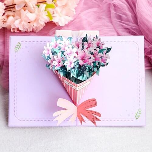 3D Laser Cut Handmade Best Wishes Lily Bouquet Paper Invitation Greeting Cards Valentines Day Wedding Party Mothers Day Gift