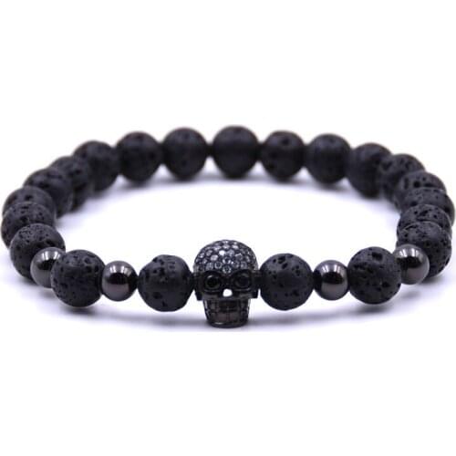 Bracelet Source 8mm Volcanic Stone Copper Bead Hand String Micro-skull Set Natural Stone Simple and Elegant Accessories Fashion