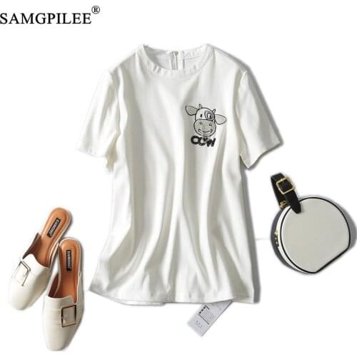Summer T Shirt For Women 2021 New Fashion Cow Pattern Embroidery Short Sleeve Cotton Slim Stretch Solid Plus Size T-shirts Woman
