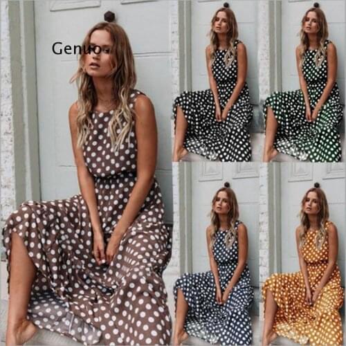 Summer Sexy o Neck Sleeveless Boho Polka Dot Print Maxi Dress Casual Robe Ladies Party Long Dress Vestidos