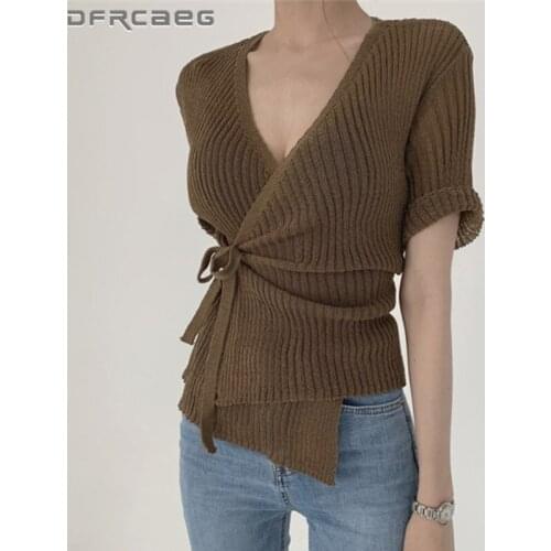 Summer Cardigan Knitted Tops For Women 2021 Casual Sexy V-Neck Cross Straps Slim Thin Sweaters Clothing Femme
