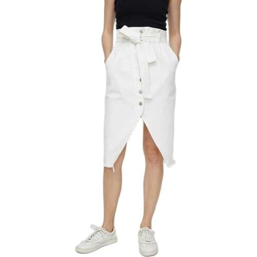 Fashion White Paper Bag Waist Denim Skirts With High Waist Inelastic Knee-Length Straight Lrregular Split Women Skirt for Female