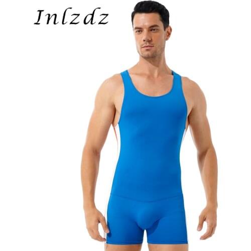 Mens Stripe Athletic Wrestling Skinny Jumpsuit Stretchy Leotard Round Neck Gymnastics Sport Bodysuit Gym Fitness Sportswear