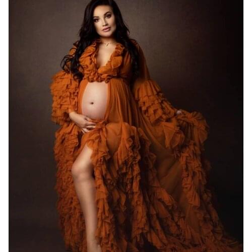 Orange Maternity Dresses Photo Shoot Custom Made Chiffon Maternity Robes Women Gowns Fluffy Ruffle Robe Formal Party Dress