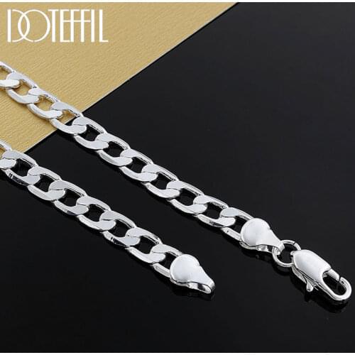 DOTEFFIL 925 Sterling Silver 16/18/20/22/24 Inch 8mm Flat Sideways Chhain Necklace For Women Man Fashion Wedding Charm Jewelry