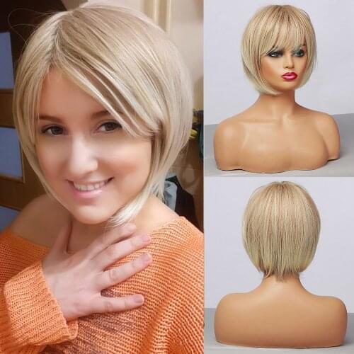 Short Straight Ombre Light Blonde Synthetic Wigs With Bangs for Women bob Hairstyle Cosplay Heat Resistant Natural Hair Wigs