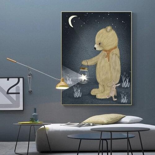 Modern Simple Cartoon Cute Bear Canvas Painting Poster Animal Lovely Yellow Dark Print Nordic Wall Art Picture Baby Room Decor