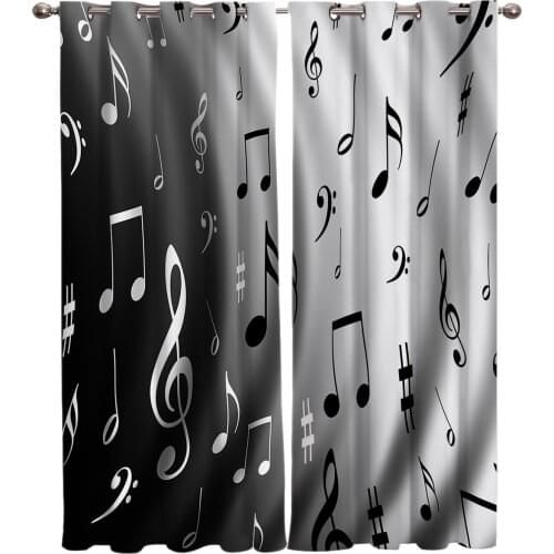 Water Wave Music Black White Musical Notes Window Curtains Living Room Fabric Drapes Curtain Home Decor Curtains for Bedroom