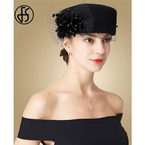 FS 2021 Fascinator Hat Wedding Black Hats For Women With Veil Wool Felt Fedora Hats Red Church Party Cocktail Chapeau Femme Luxe