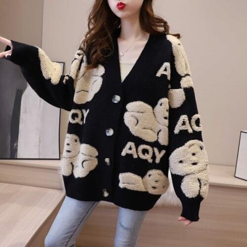 Autumn Winter Knitted Sweater Cardigans Women V-Neck Jumpers Bear Knitwear Single Breasted Outwear Long Sleeve Vintage M107