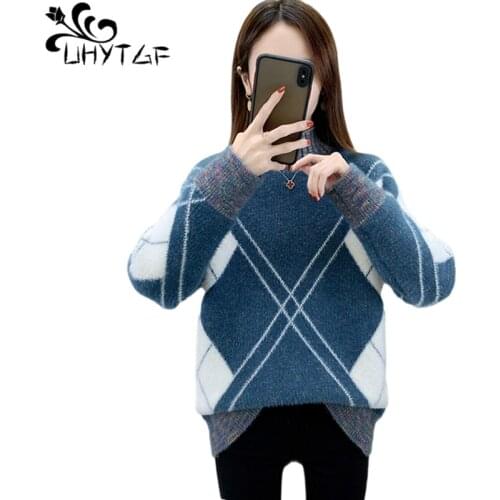 UHYTGF Woman Sweaters Knitted Mink Fleece Autumn Winter Top Female Half Turtleneck Elastic Pullover Casual Bottoming Shirt 1163