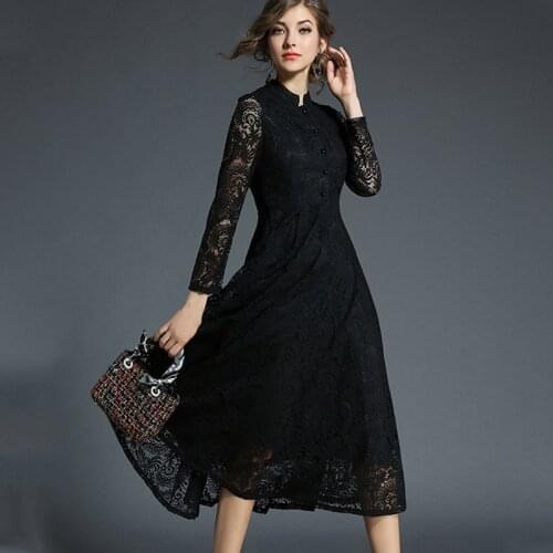 Spring Autumn Vintage Lace Dress Women Stand Neck Long Sleeve Plus Size 5xl Hollow Out Sexy Dress Female Elegant Party Dresses