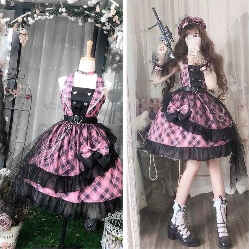 Black & Pink Plaids Idol Singer Stage Dress Summer Womens Lolita Sleevelss Suspender Dress Gorgerous Cute Girl One Piece
