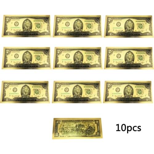 10PCS USA 2 Dollar Gold Foiled Platsic Banknote Bill Fake Money United States OF America Replica Coin Souvenirs Free Shipping