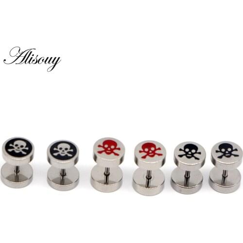 Alisouy 1 Pair 316L Stainless Steel Earrings Double Sided Round Skull Stud Earrings For Men Women Punk Gothic Earrings