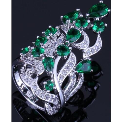 Glittering Huge Plant Green Cubic Zirconia White CZ Silver Plated Ring V0526