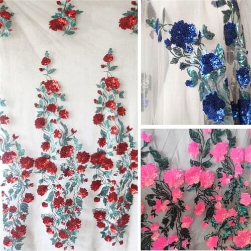 Hevay Handmade Sequins Mesh Lace Fabric Red Rose Red Roayal Blue Cheongsam Clothing Accessories V2957