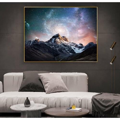 Starry Night Painting Posters and Prints Pictures Tree and Montain Landscape Wall Art Canvas Painting for Living Room Decoration