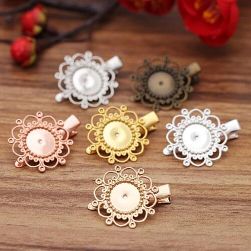 5pcs/lot 6 Colors Inner Size 12mm Copper Flower Hair Clip Cabochon Base Tray Hairclip Blank for DIY Hair Jewelry Making
