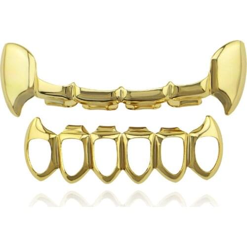 Men Gold Silver Color Gold Color Hip Hop Teeth Half Fang Slim Top Grillz Hollow Fang Lower Bottom Set Grills Punk Tooth Caps