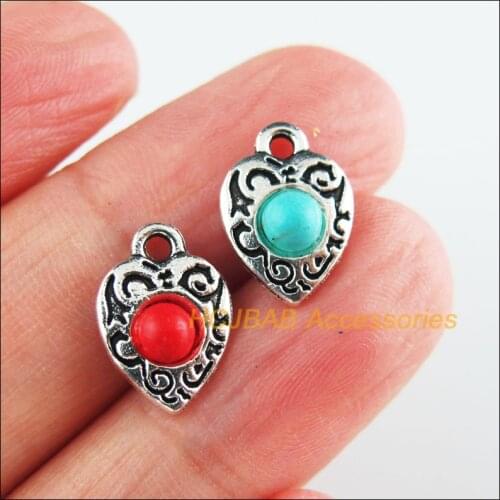25 New Heart Charms Tibetan Silver Tone Red & Blue Stone Flower Pendants 9.5x13mm