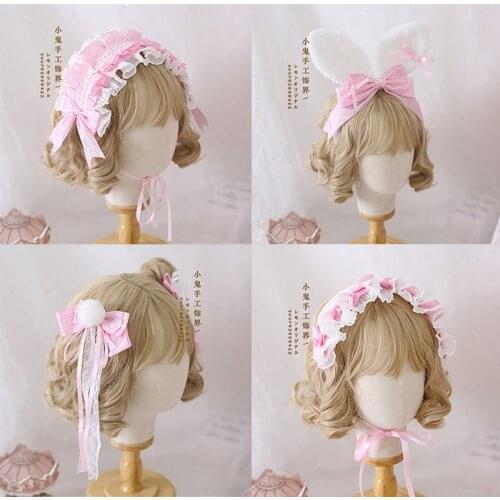 Japanese Lolita Rabbit Ear Lolita Sweet Ci KC Pink and White Plaid Edge Clamp Headband May Be Gingerbread House AP Sweet