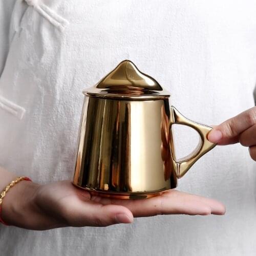 Gold Plated Mountain Cups Ceramics Handmade Mugs with Lid Home Breakfast Tea Cup Afternoon Milk Mug Perfect Gifts