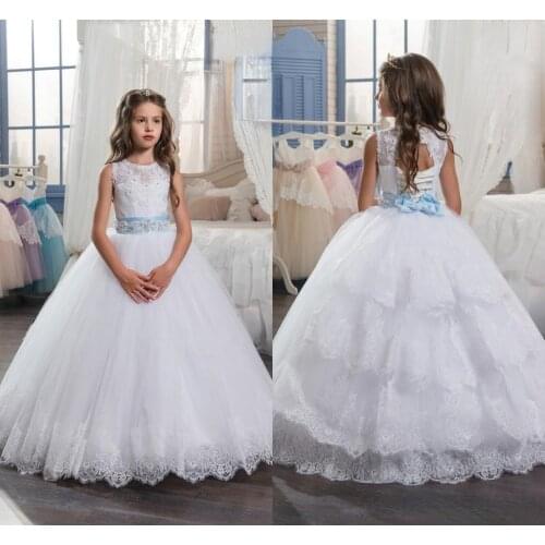 Girls Pageant Dresses White Tiered Ruffles Tulle Ball Gowns Floor Length Flower Girl Dresses Lace Applique Beaded Kids Prom Part