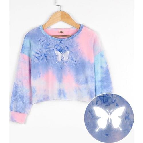 Girls Long Sleeve Shirt Fashion Tie Dye Glow Butterfly Kids Tops for Girl 2021 New Spring Fall Children Pullovers Outerwear