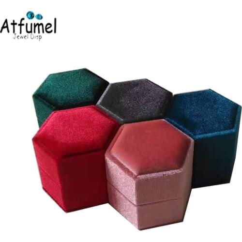 Vintage Velvet Ring Box Hexagon Wedding Ceremony Ring Jewelry Box With Detachable Lid Engagement Ring Jewelry Organizer Box