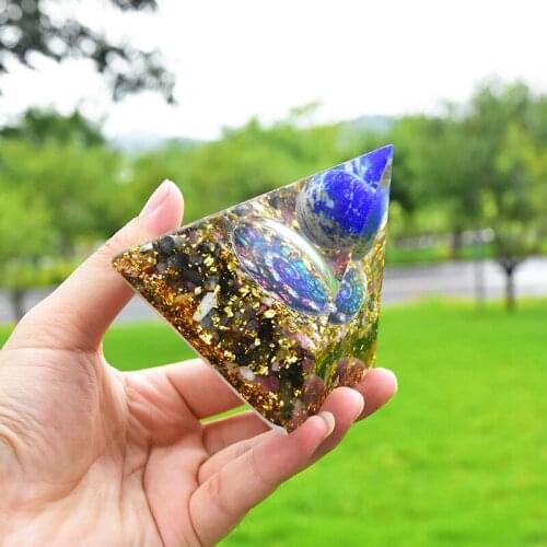 7cm Handmade Orgonite Pyramid Lapis Lazuli Sphere And Colored Fluorite Crystal Orgone Orgonita Witchcraft Room Decor