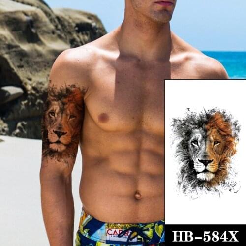 Temporary Tattoo Stickers Lion Black White Primary Colors Realistic Fake Tatto Waterproof Tatoo Arm Leg Large Size for Women Men