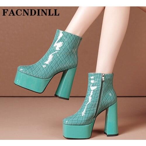 Lady Shoes New Sexy Genuine Leather Chunky High Heels Platform Blue Green Dress Party Wedding Shoes Woman Ankle Boots Size 34-40