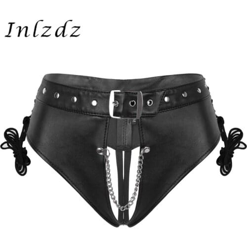 Womens Erotic Sexy Crotchless Briefs Lingerie Underwear PU Leather Punk Lace-up Underpants Nightclub Stage Performance Costume